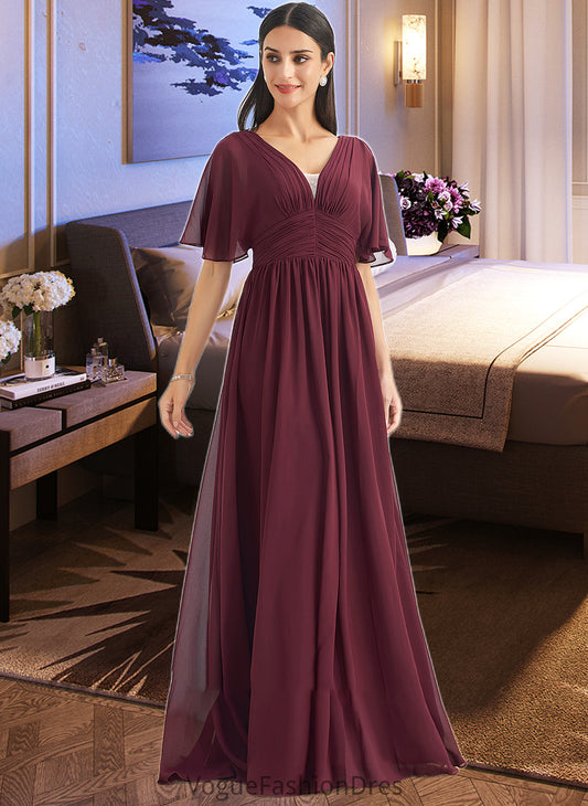 Madalyn A-Line V-neck Floor-Length Bridesmaid Dress With Ruffle DKP0013292