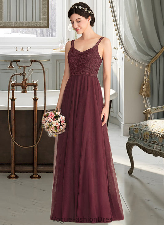 Hope A-Line/Princess V-neck Floor-Length Tulle Lace Bridesmaid Dress DKP0013295