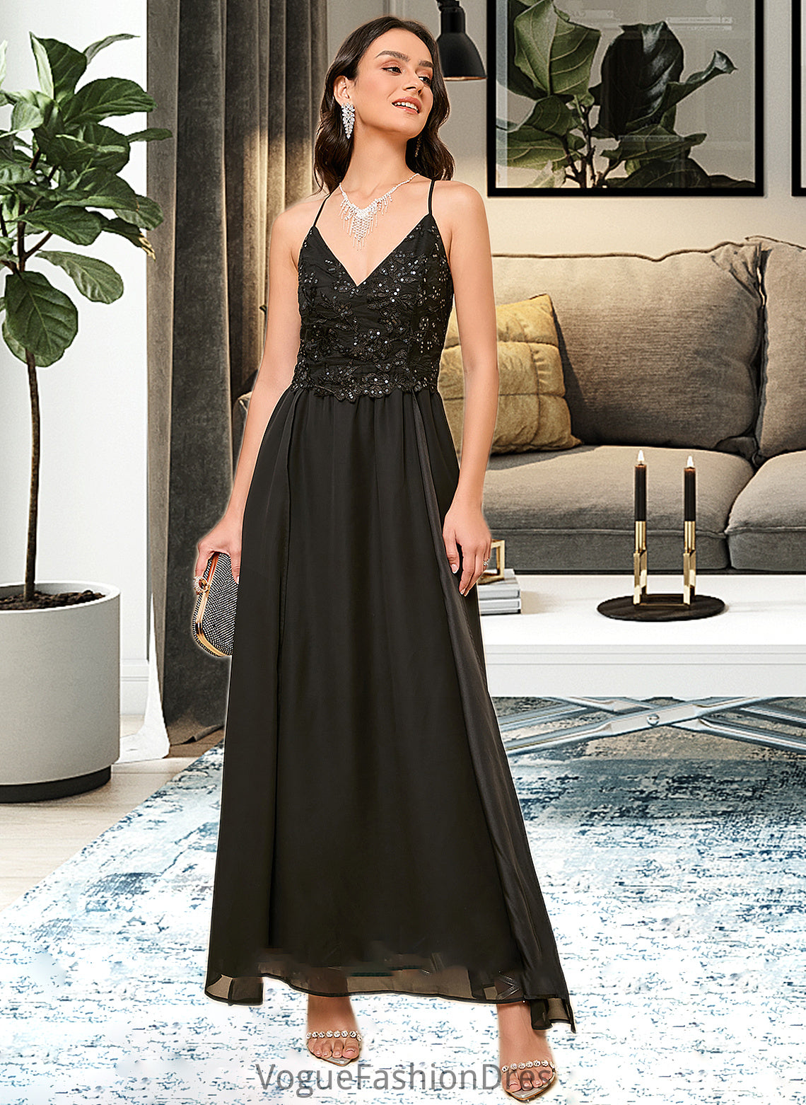 Asia A-LineV-neckAnkle-LengthBridesmaidDressWithSequinsSplitFront#273658 DKP0013298