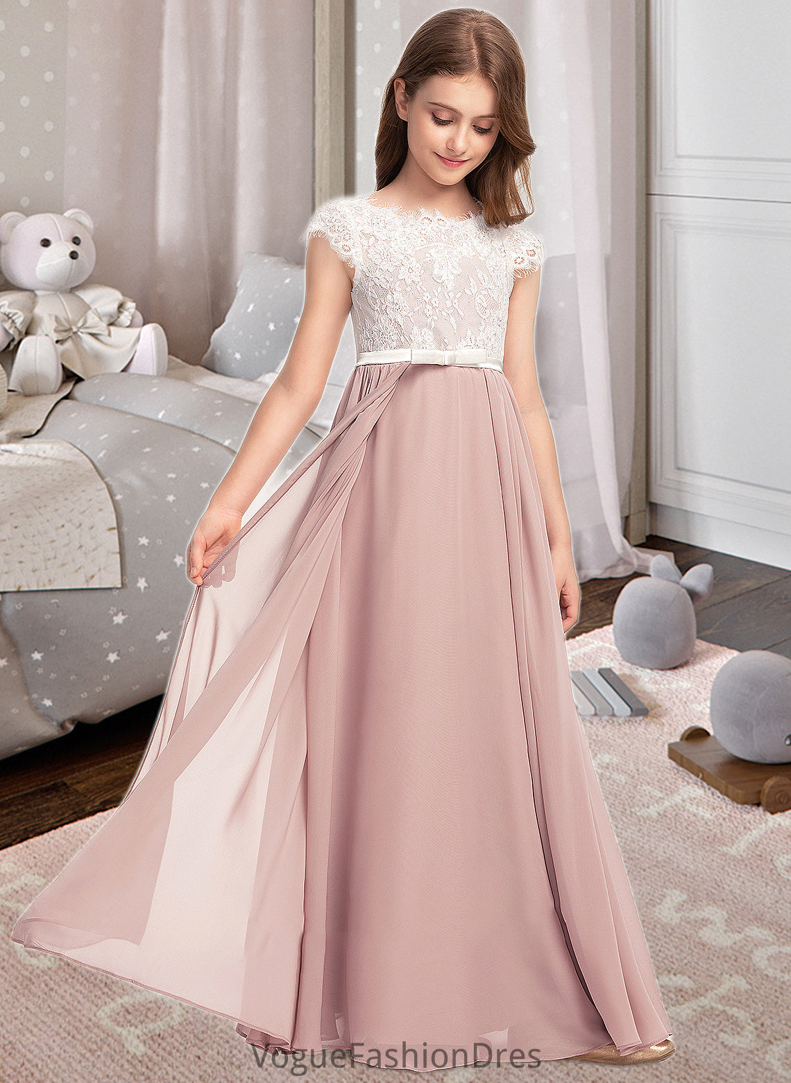 Alexandria A-Line Scoop Neck Floor-Length Chiffon Lace Junior Bridesmaid Dress With Bow(s) DKP0013305