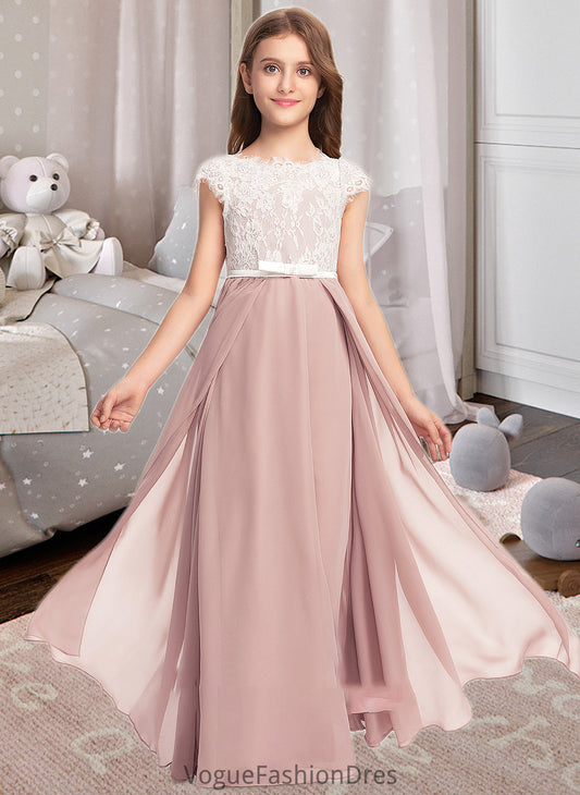 Alexandria A-Line Scoop Neck Floor-Length Chiffon Lace Junior Bridesmaid Dress With Bow(s) DKP0013305