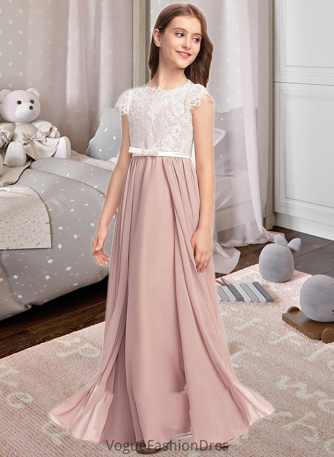 Alexandria A-Line Scoop Neck Floor-Length Chiffon Lace Junior Bridesmaid Dress With Bow(s) DKP0013305