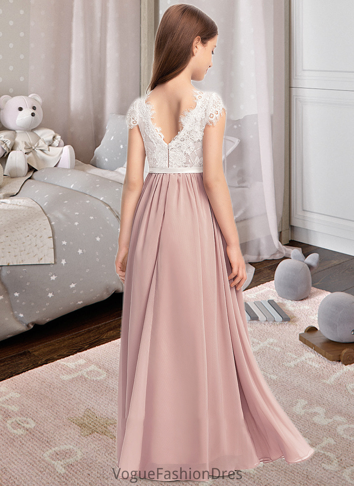 Alexandria A-Line Scoop Neck Floor-Length Chiffon Lace Junior Bridesmaid Dress With Bow(s) DKP0013305