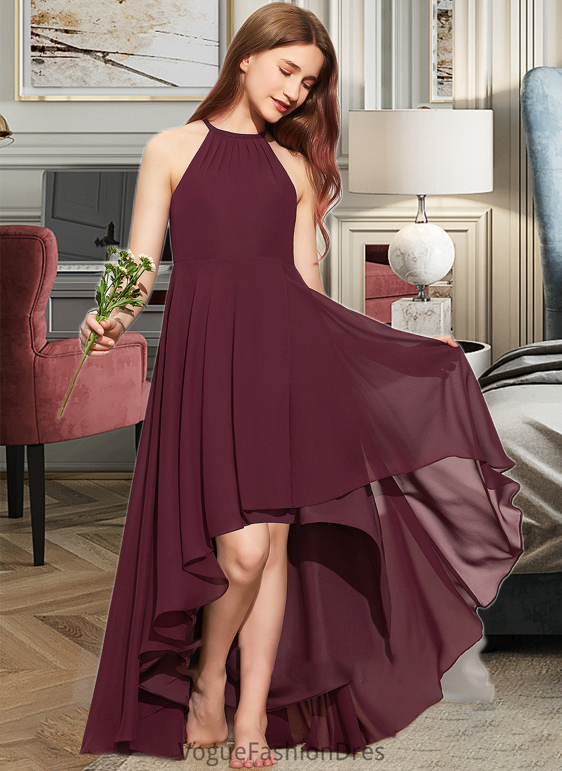 Ivy A-Line Scoop Neck Asymmetrical Chiffon Junior Bridesmaid Dress With Ruffle DKP0013306