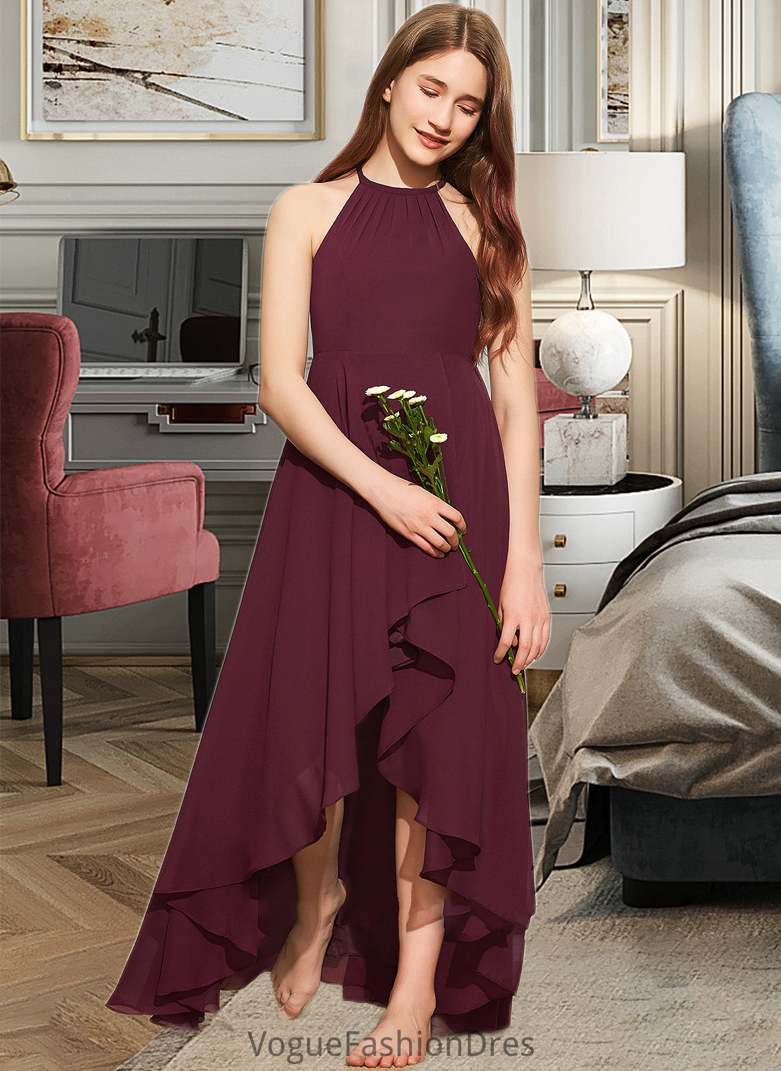 Ivy A-Line Scoop Neck Asymmetrical Chiffon Junior Bridesmaid Dress With Ruffle DKP0013306