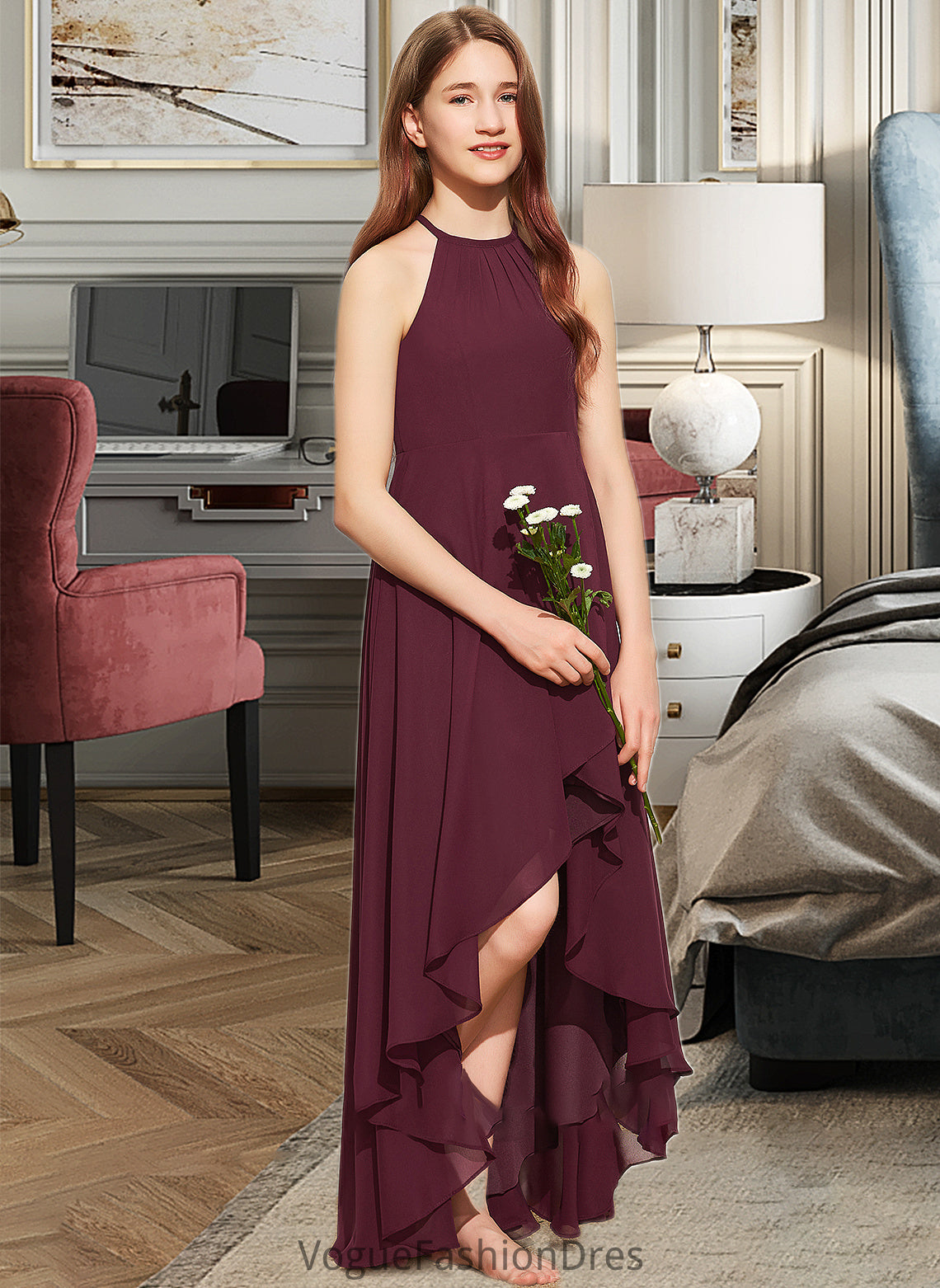 Ivy A-Line Scoop Neck Asymmetrical Chiffon Junior Bridesmaid Dress With Ruffle DKP0013306