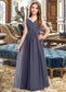 Rylee A-Line V-neck Floor-Length Chiffon Junior Bridesmaid Dress With Ruffle DKP0013307