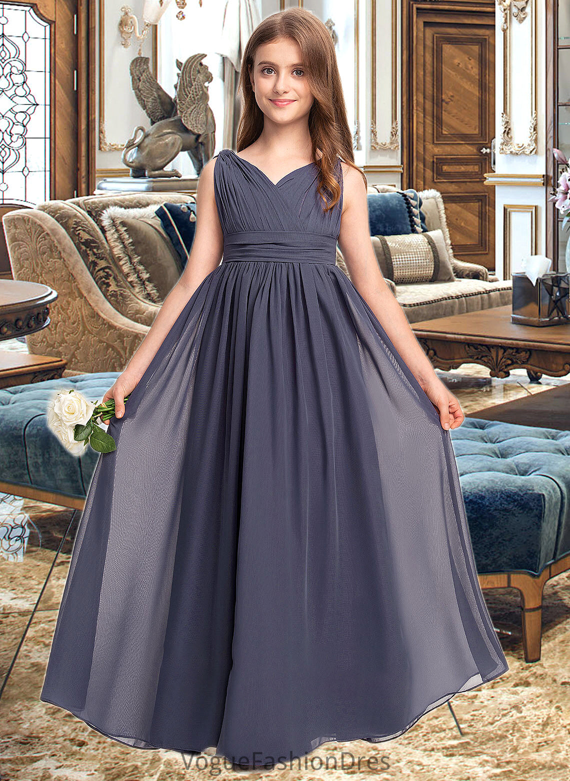 Rylee A-Line V-neck Floor-Length Chiffon Junior Bridesmaid Dress With Ruffle DKP0013307