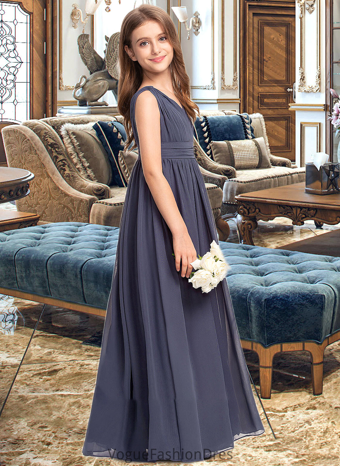 Rylee A-Line V-neck Floor-Length Chiffon Junior Bridesmaid Dress With Ruffle DKP0013307