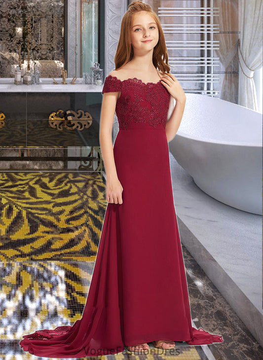 Leticia Trumpet/Mermaid Off-the-Shoulder Court Train Chiffon Lace Junior Bridesmaid Dress DKP0013330