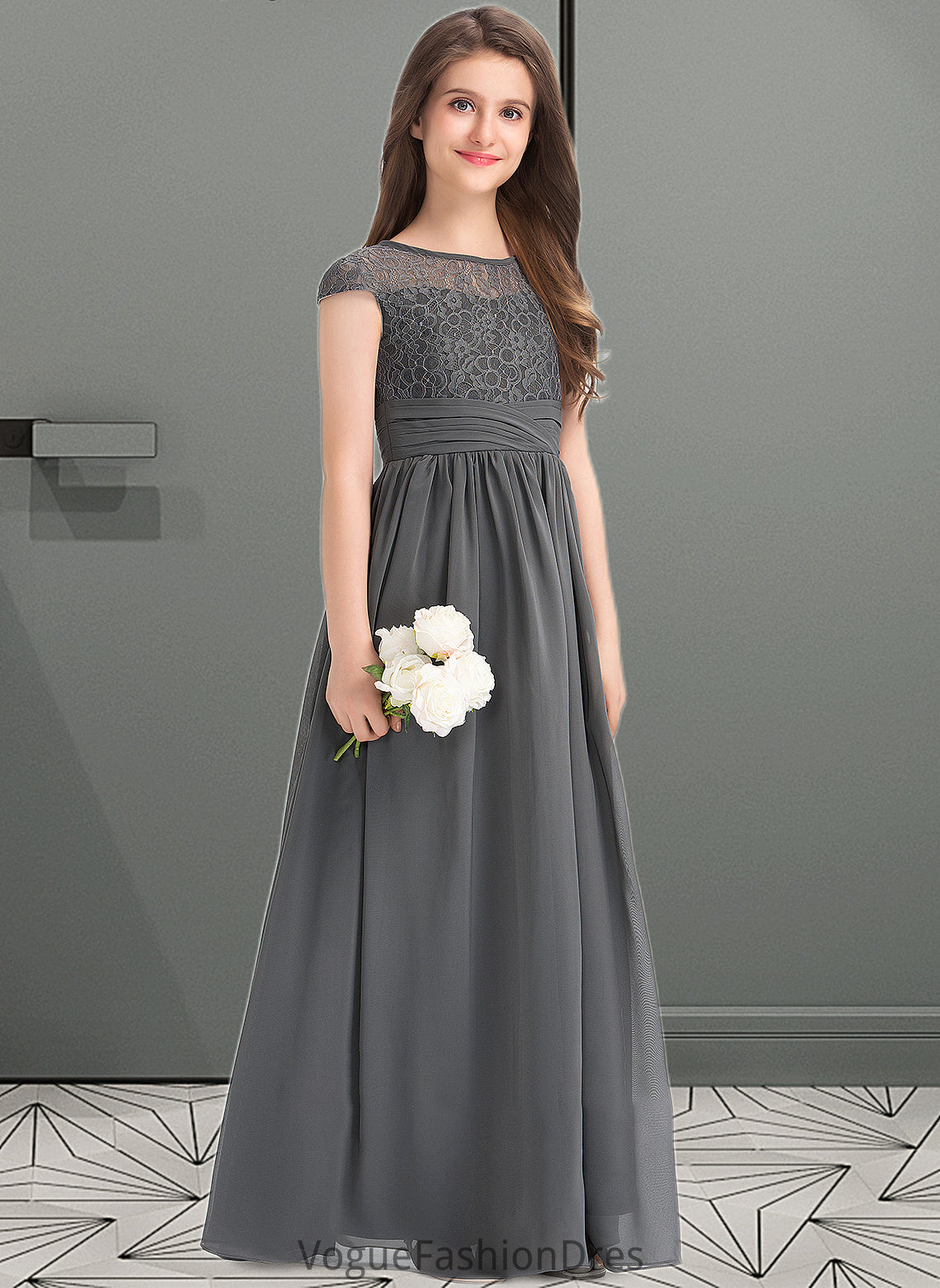 Keyla A-Line Scoop Neck Floor-Length Chiffon Lace Junior Bridesmaid Dress With Ruffle DKP0013331