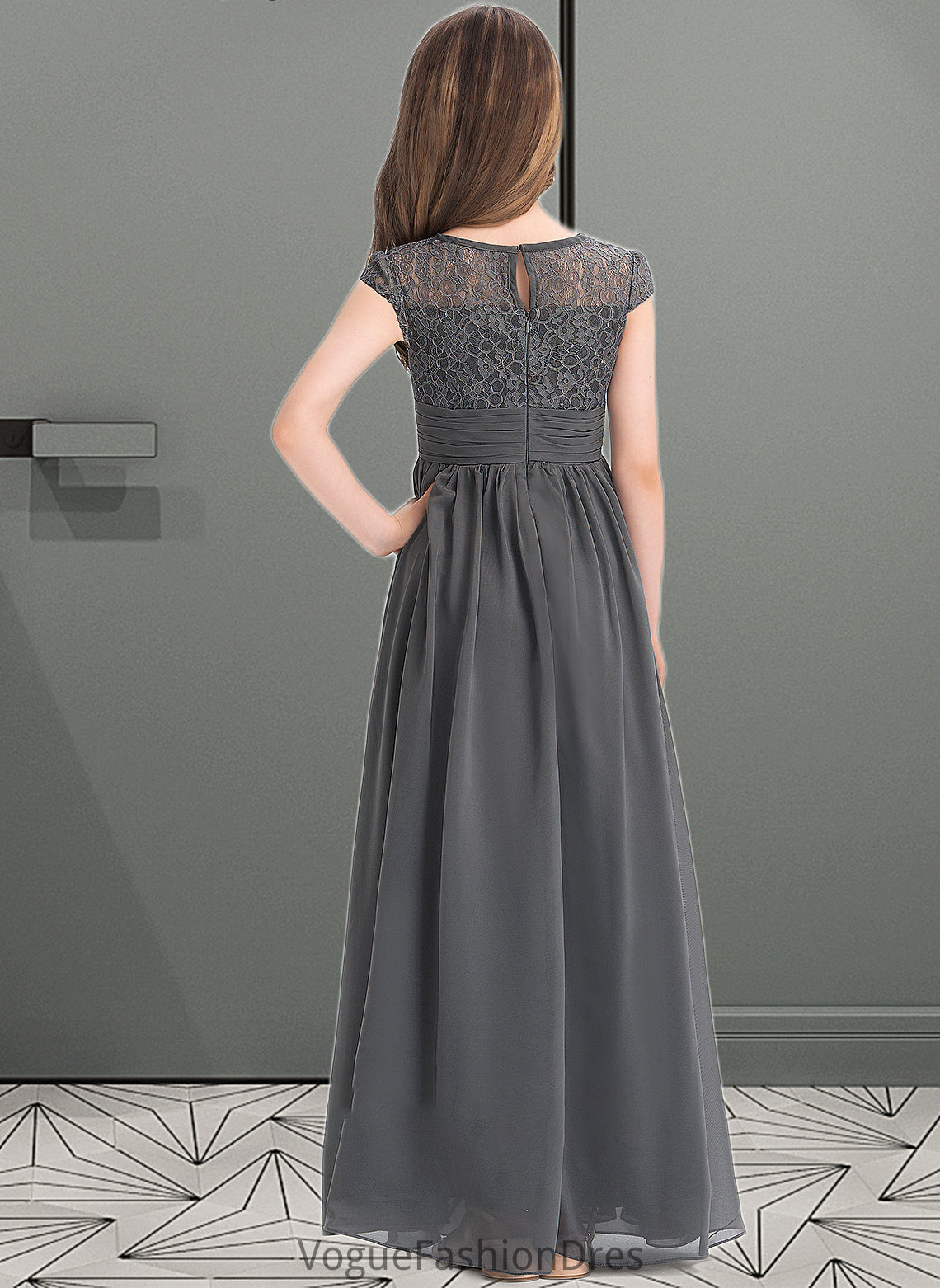 Keyla A-Line Scoop Neck Floor-Length Chiffon Lace Junior Bridesmaid Dress With Ruffle DKP0013331