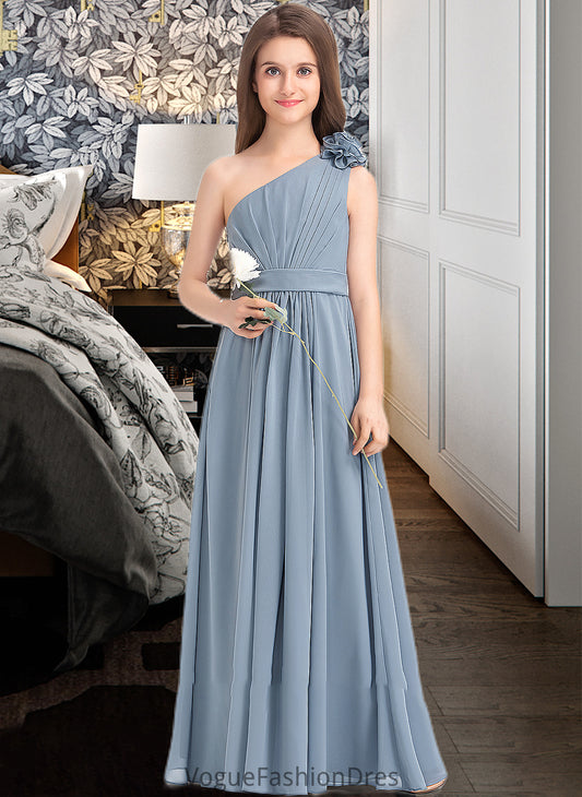 Marcie A-Line One-Shoulder Floor-Length Chiffon Junior Bridesmaid Dress With Ruffle Flower(s) DKP0013332