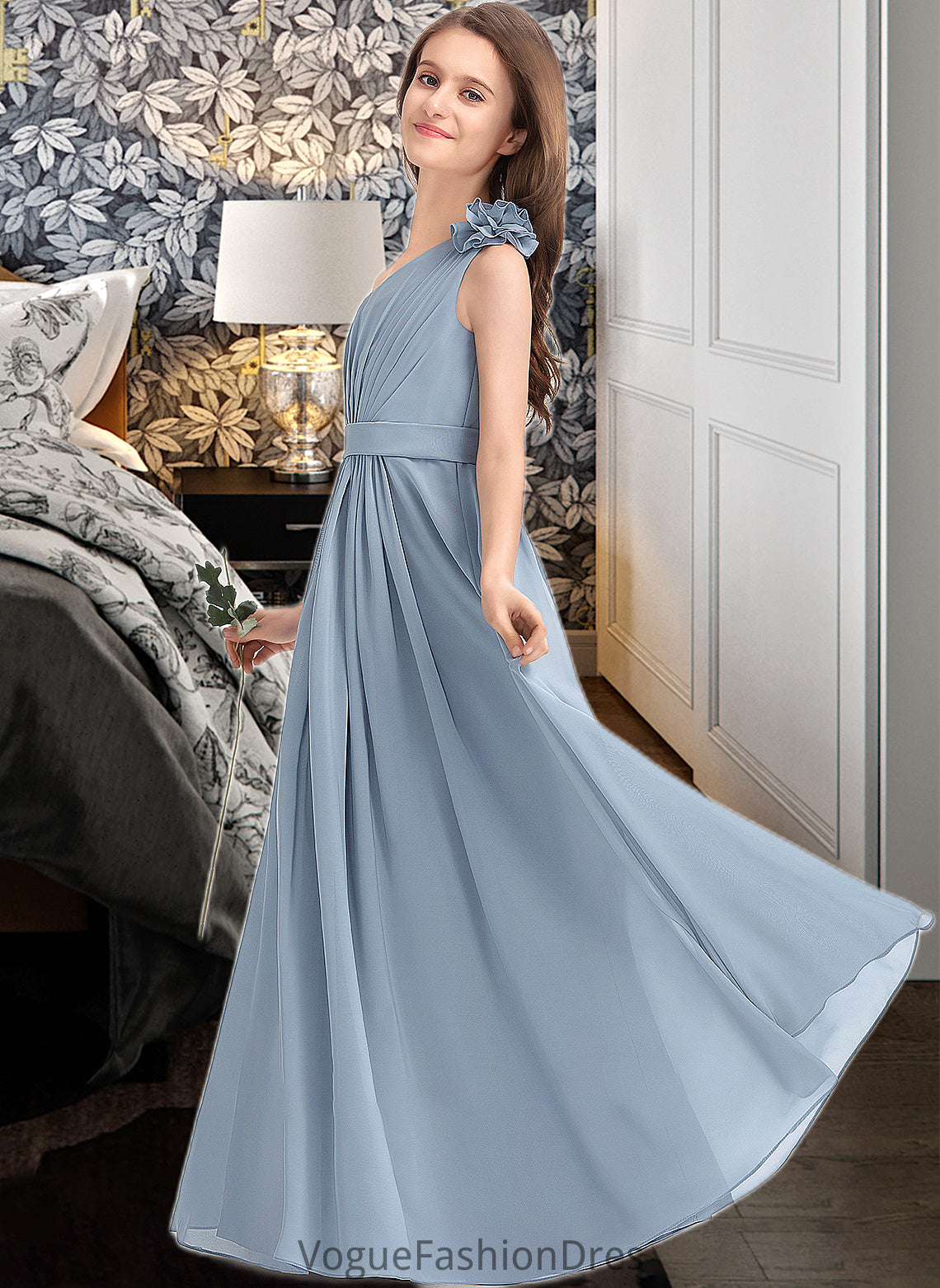 Marcie A-Line One-Shoulder Floor-Length Chiffon Junior Bridesmaid Dress With Ruffle Flower(s) DKP0013332