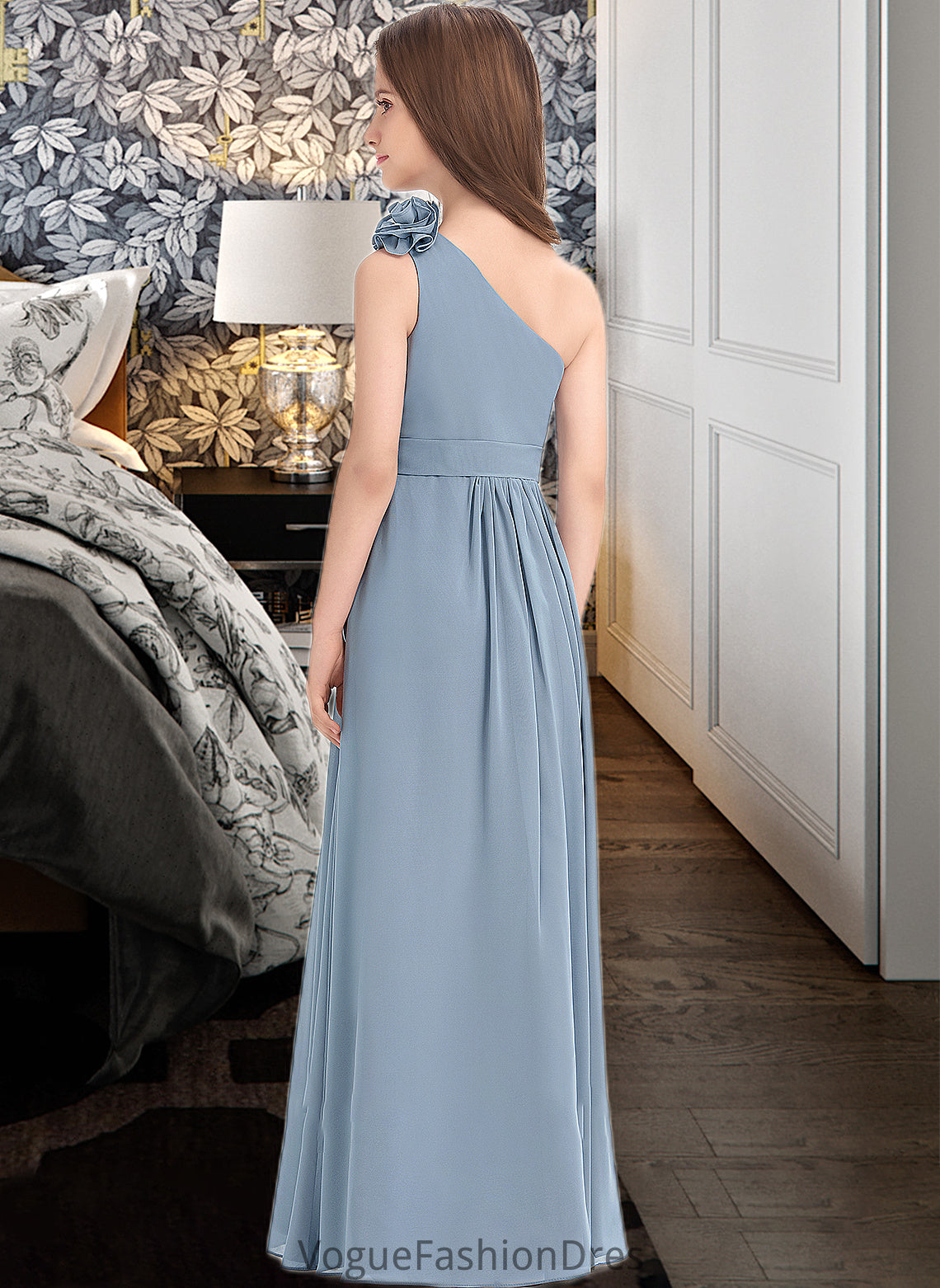 Marcie A-Line One-Shoulder Floor-Length Chiffon Junior Bridesmaid Dress With Ruffle Flower(s) DKP0013332