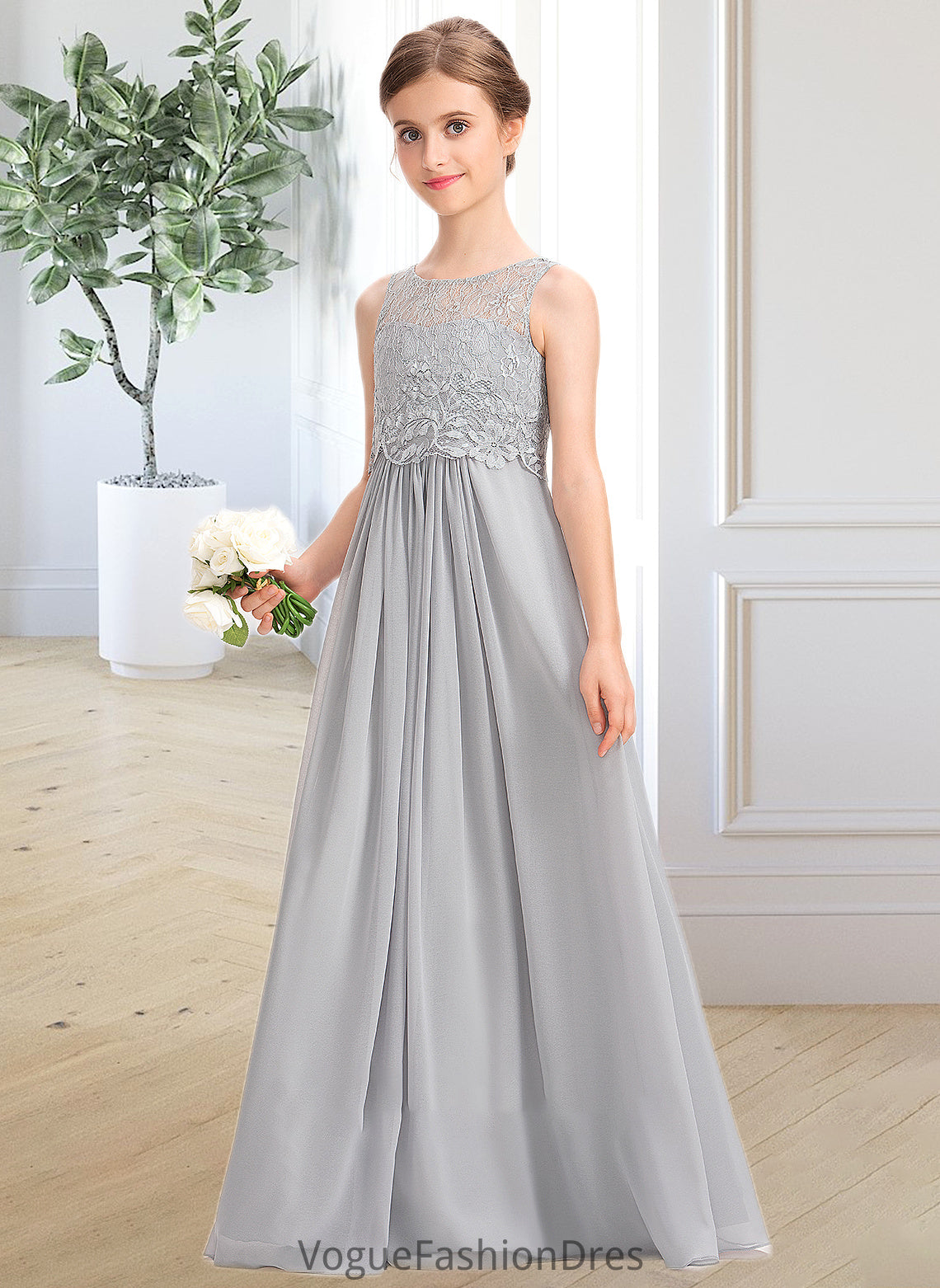 Natalie A-Line Scoop Neck Floor-Length Chiffon Lace Junior Bridesmaid Dress DKP0013333