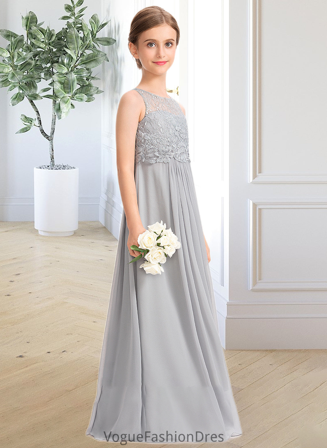 Natalie A-Line Scoop Neck Floor-Length Chiffon Lace Junior Bridesmaid Dress DKP0013333