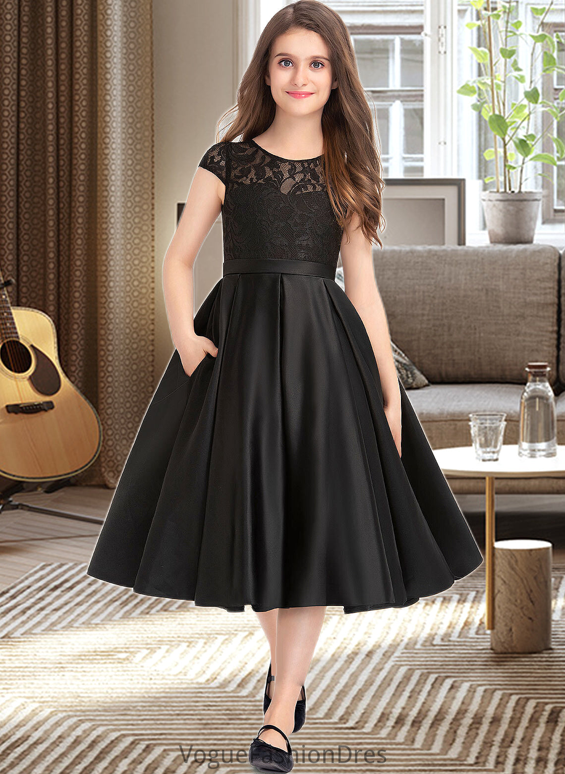 Glenda A-Line Scoop Neck Knee-Length Satin Lace Junior Bridesmaid Dress With Pockets DKP0013335