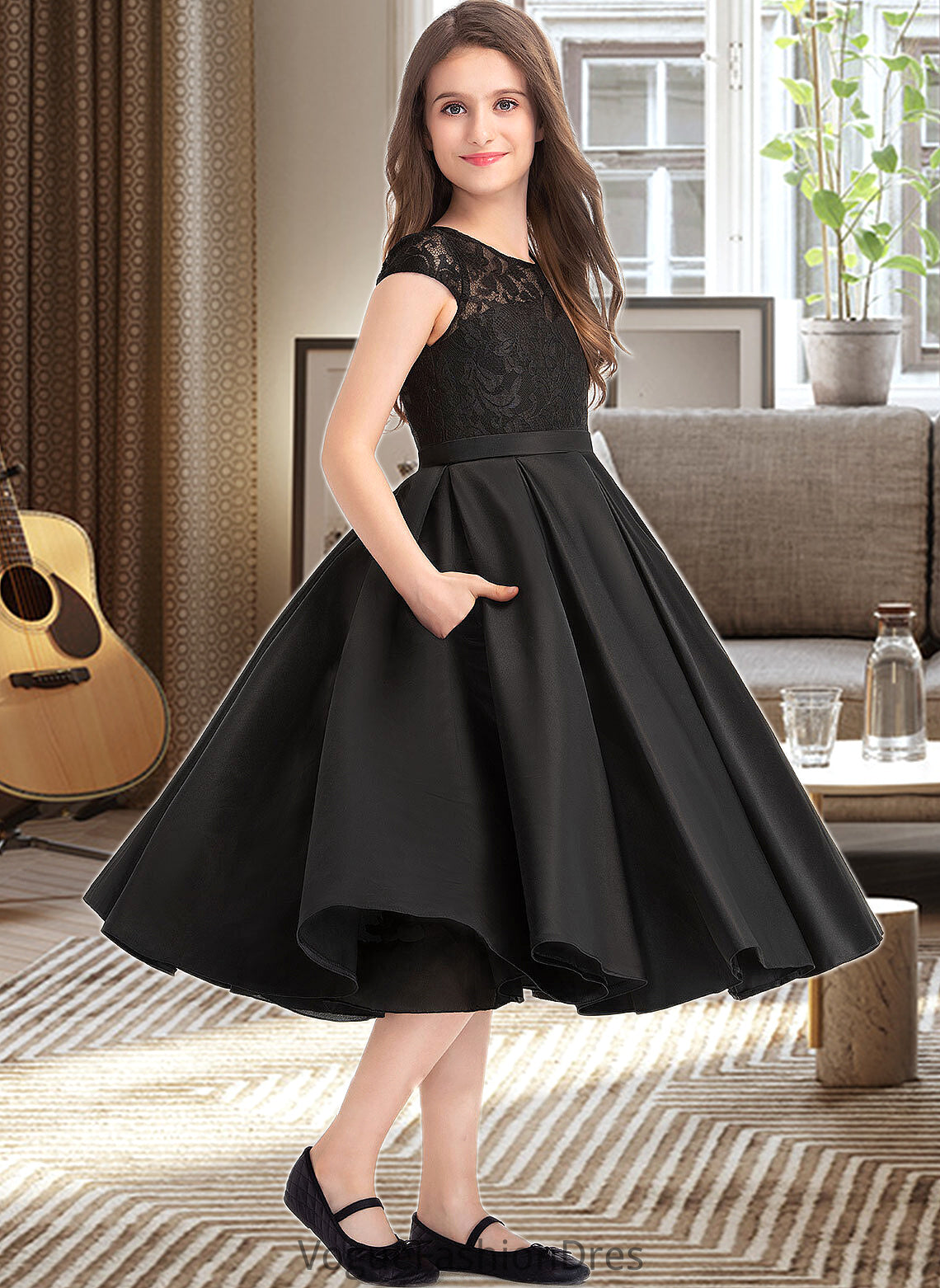 Glenda A-Line Scoop Neck Knee-Length Satin Lace Junior Bridesmaid Dress With Pockets DKP0013335