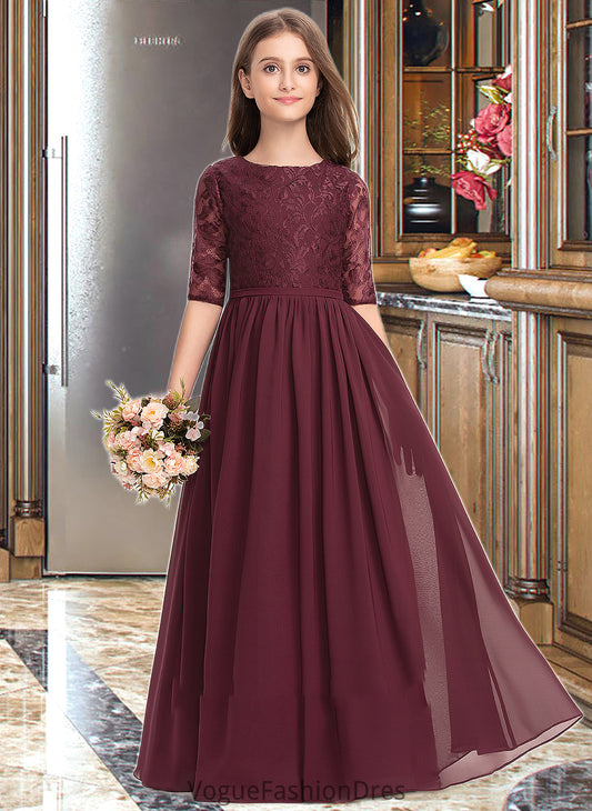 Mareli A-Line Scoop Neck Floor-Length Chiffon Lace Junior Bridesmaid Dress DKP0013336