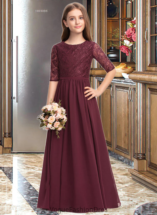 Mareli A-Line Scoop Neck Floor-Length Chiffon Lace Junior Bridesmaid Dress DKP0013336