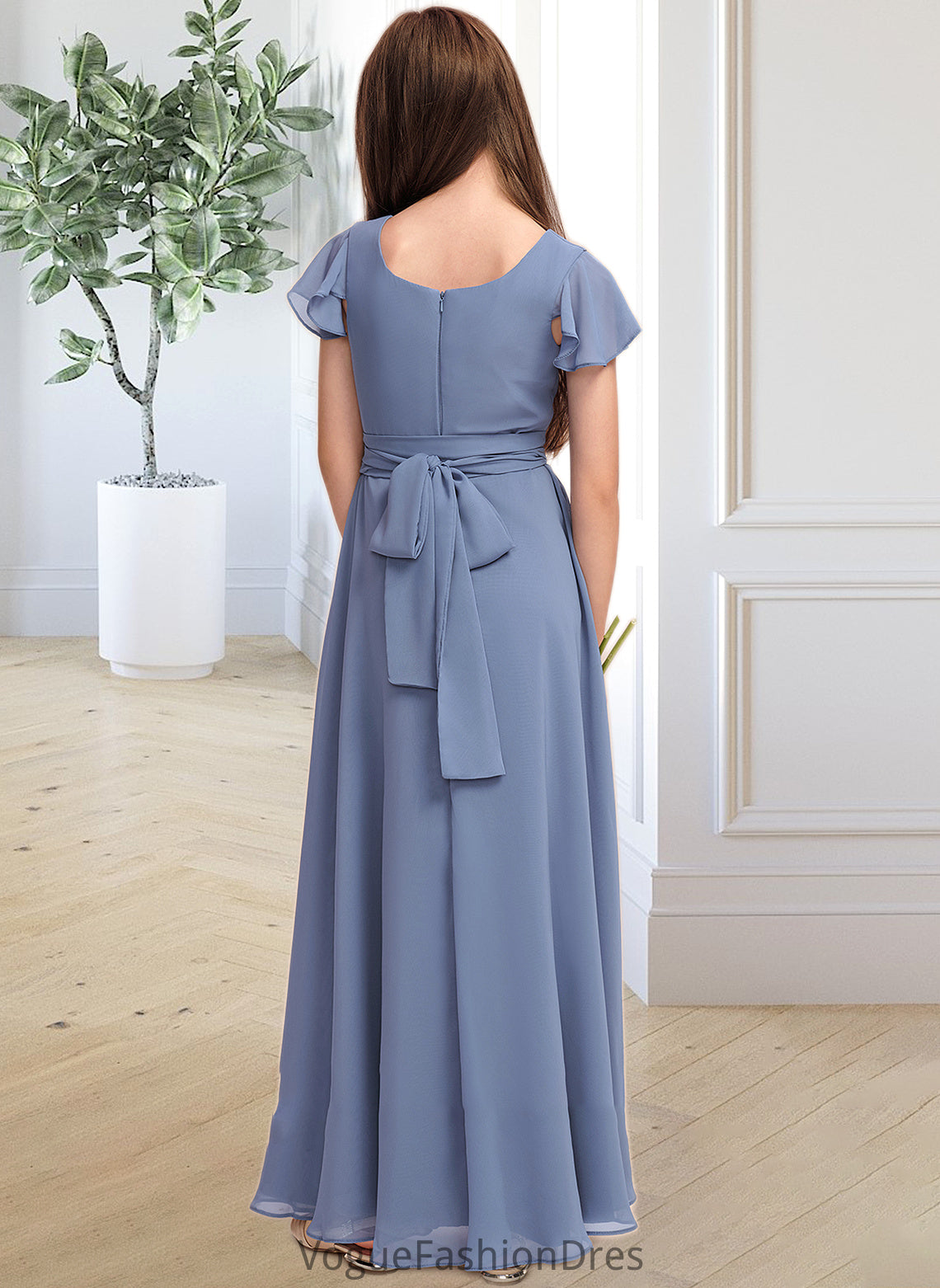 Areli A-Line Scoop Neck Floor-Length Chiffon Junior Bridesmaid Dress With Bow(s) DKP0013337