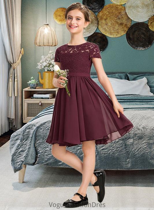 Taylor A-Line Scoop Neck Knee-Length Chiffon Lace Junior Bridesmaid Dress With Bow(s) DKP0013339