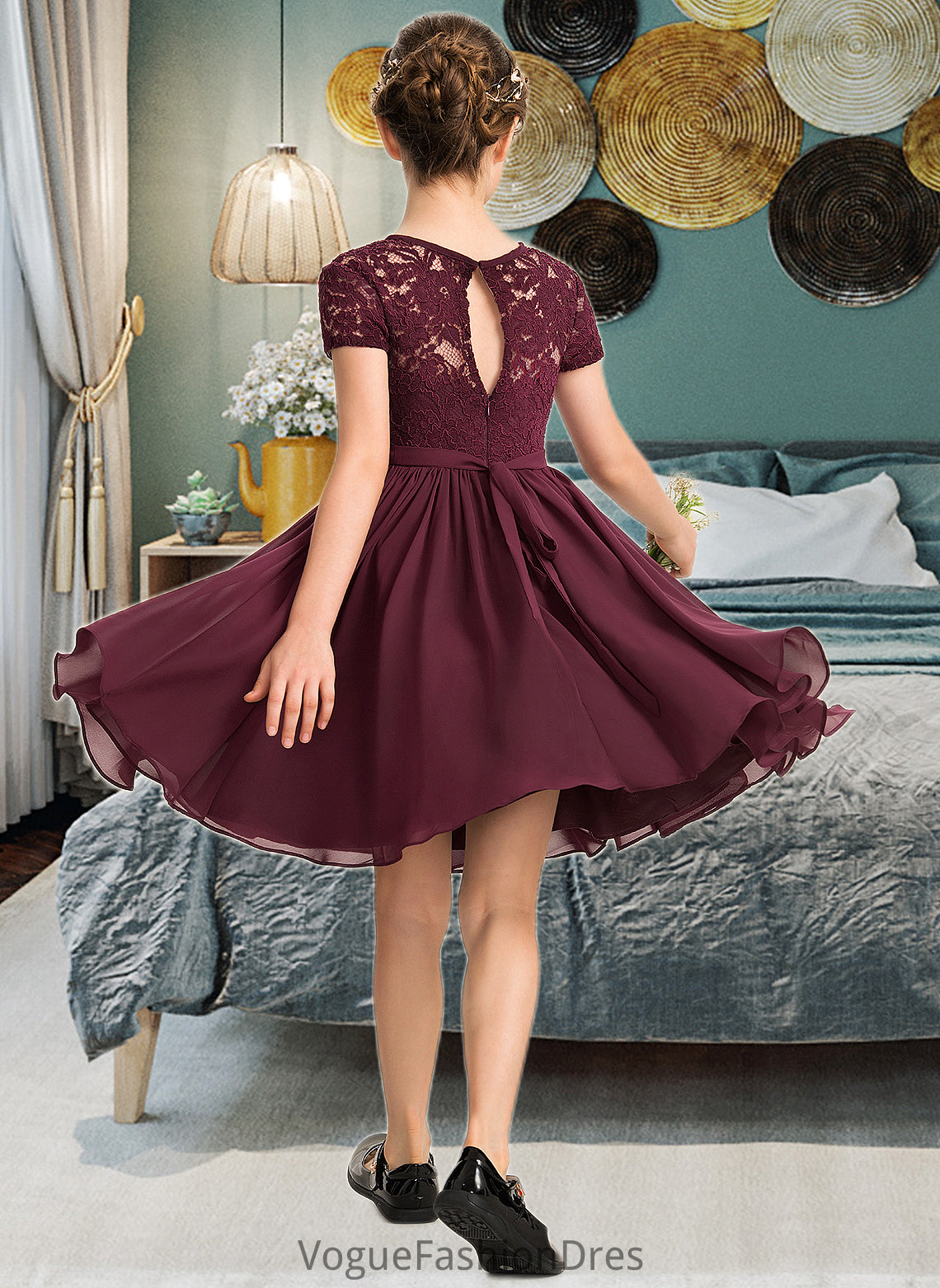 Taylor A-Line Scoop Neck Knee-Length Chiffon Lace Junior Bridesmaid Dress With Bow(s) DKP0013339