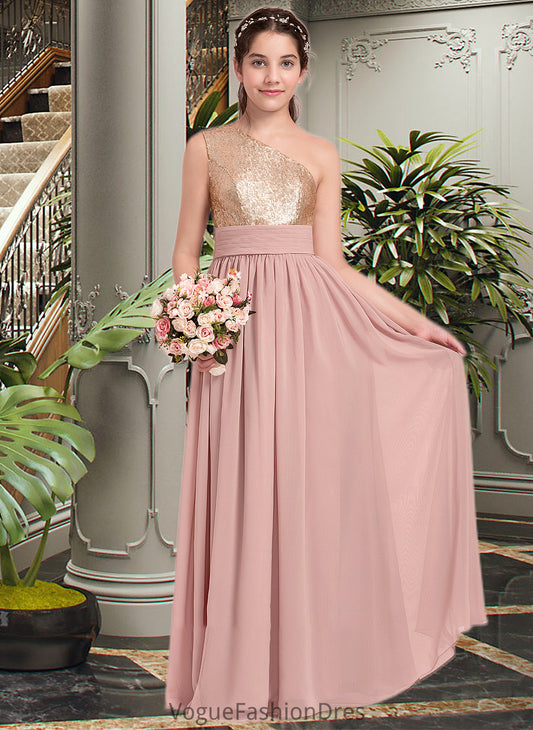 Ayla A-Line One-Shoulder Floor-Length Chiffon Junior Bridesmaid Dress With Ruffle DKP0013340