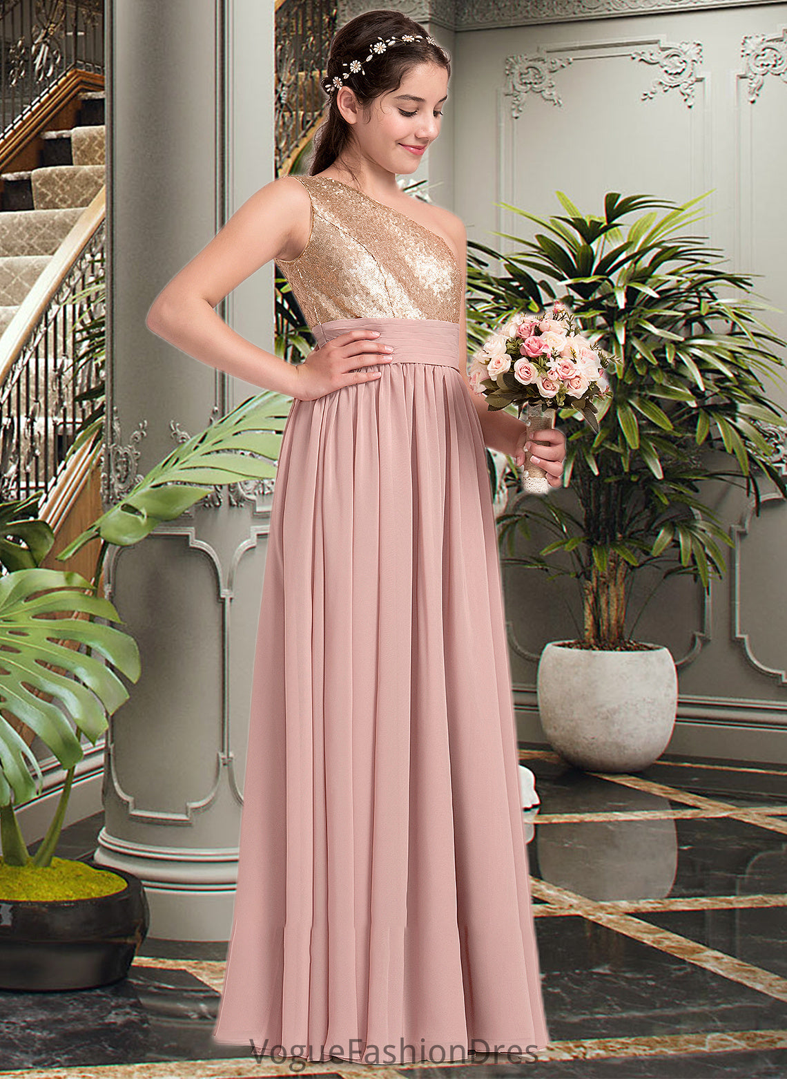 Ayla A-Line One-Shoulder Floor-Length Chiffon Junior Bridesmaid Dress With Ruffle DKP0013340