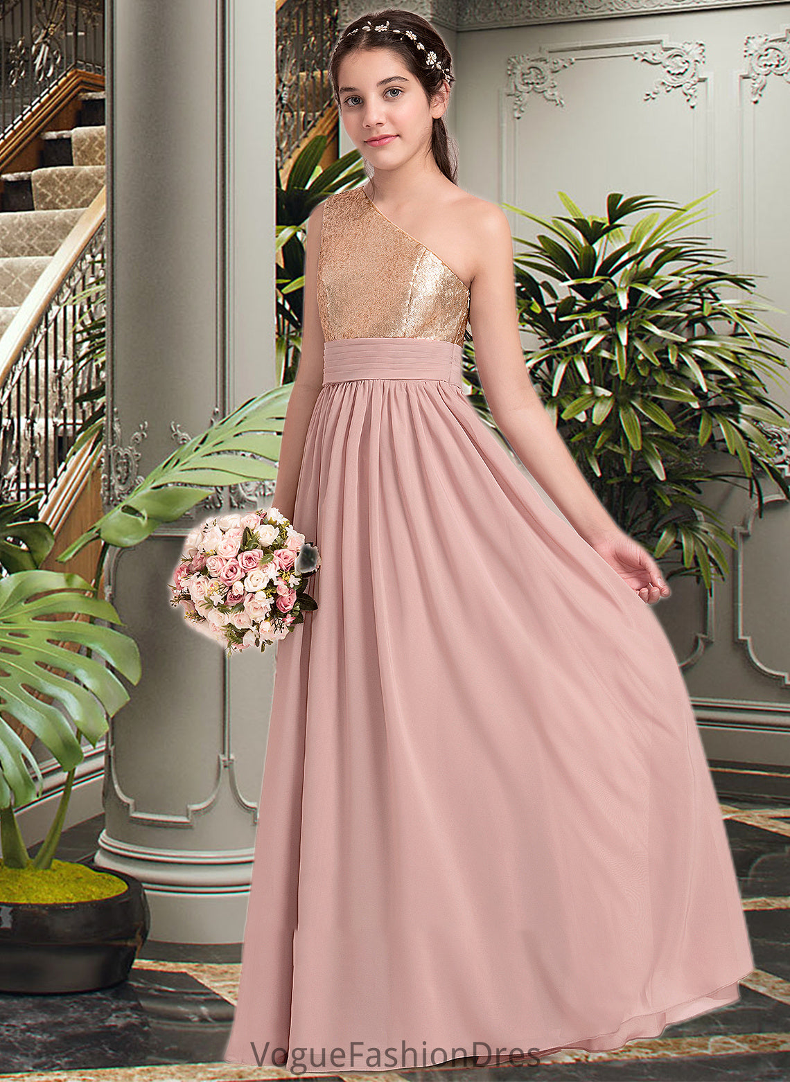 Ayla A-Line One-Shoulder Floor-Length Chiffon Junior Bridesmaid Dress With Ruffle DKP0013340