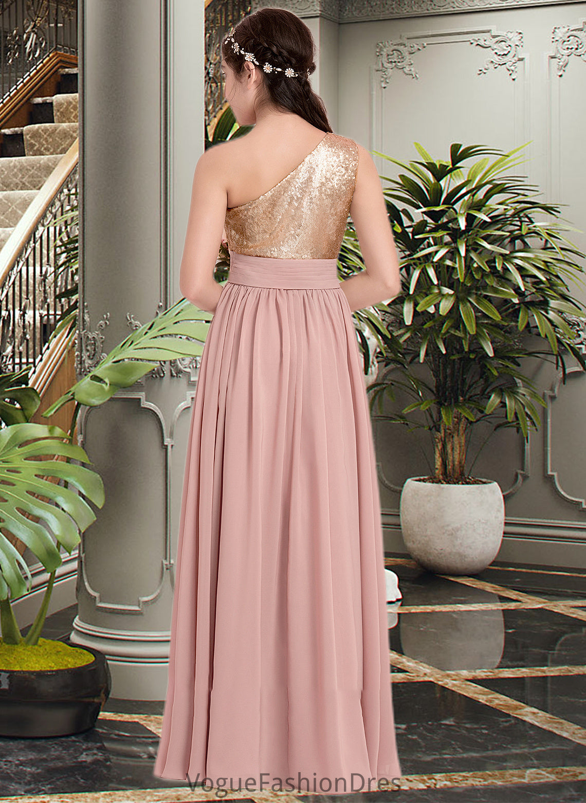 Ayla A-Line One-Shoulder Floor-Length Chiffon Junior Bridesmaid Dress With Ruffle DKP0013340