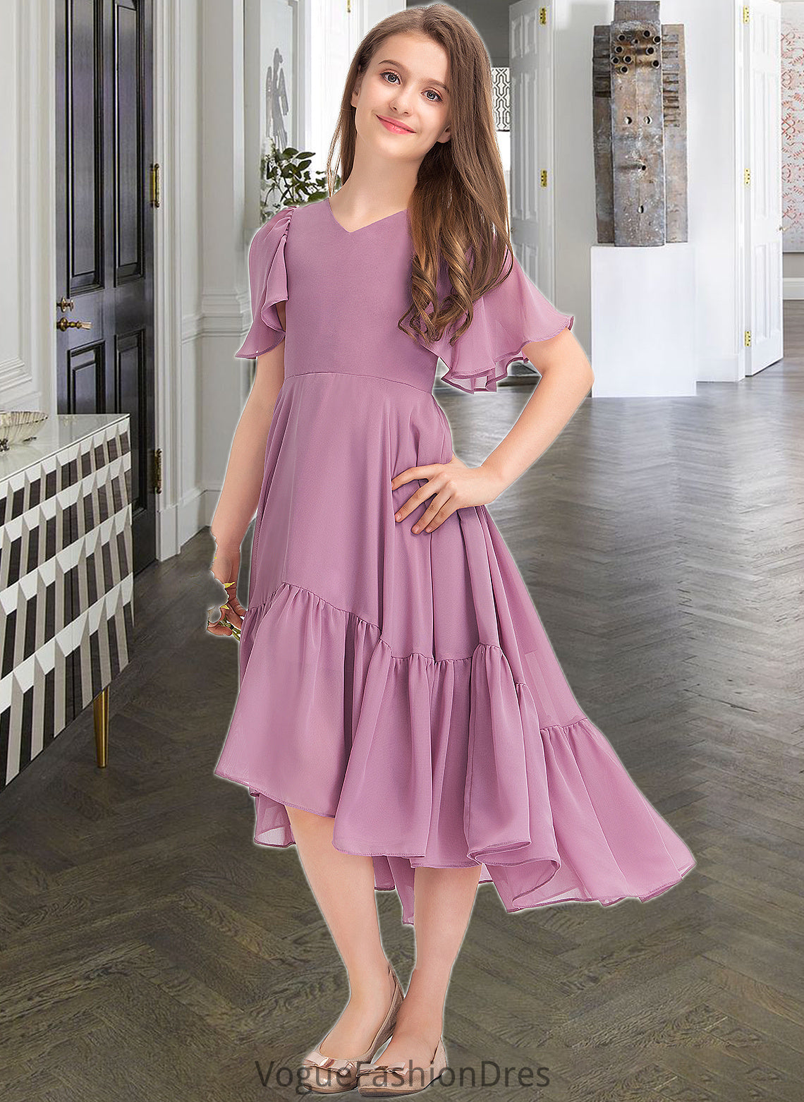 Brielle A-Line V-neck Asymmetrical Chiffon Junior Bridesmaid Dress With Cascading Ruffles DKP0013342