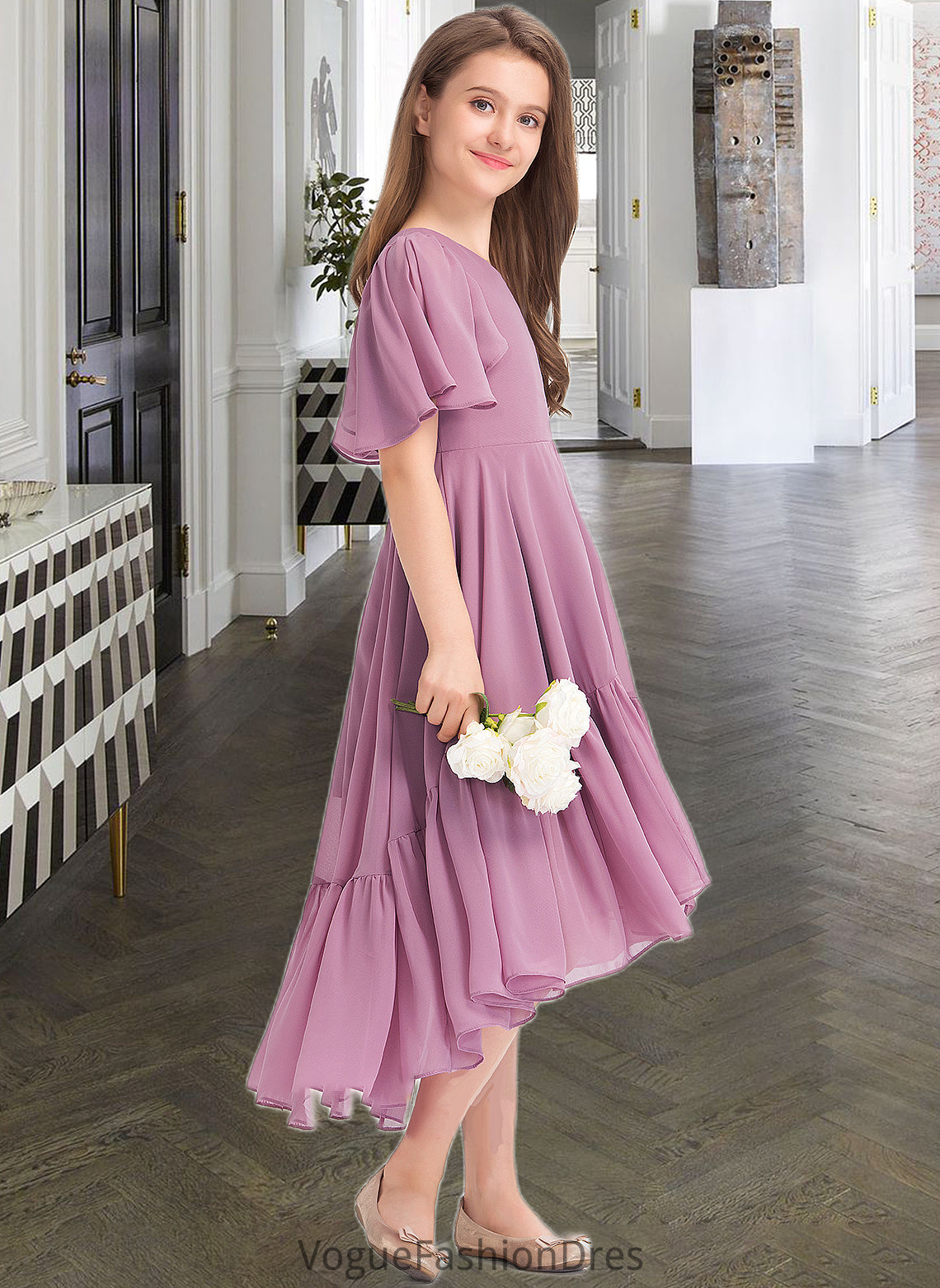 Brielle A-Line V-neck Asymmetrical Chiffon Junior Bridesmaid Dress With Cascading Ruffles DKP0013342