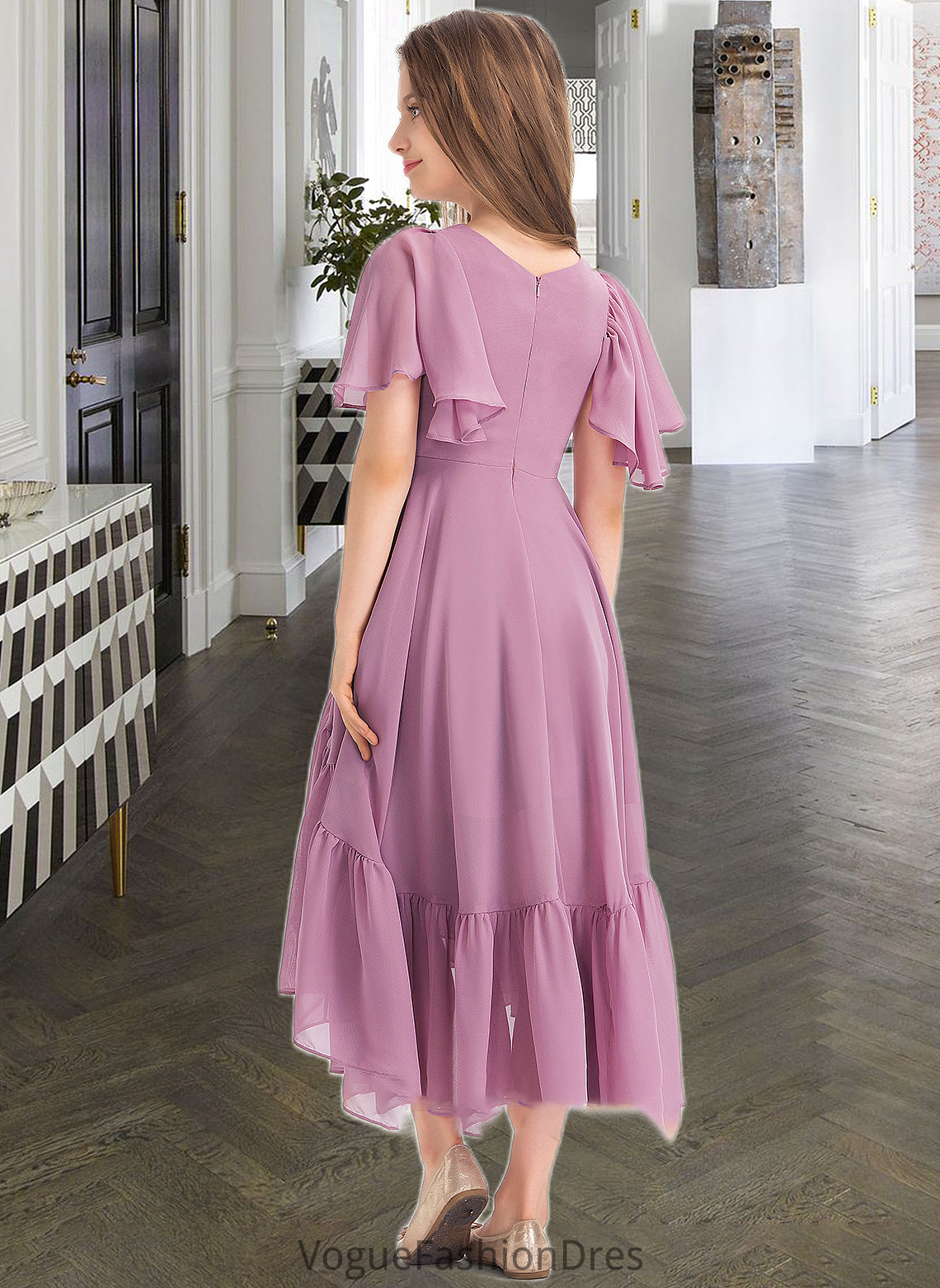 Brielle A-Line V-neck Asymmetrical Chiffon Junior Bridesmaid Dress With Cascading Ruffles DKP0013342