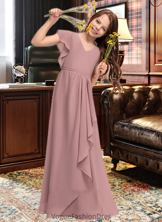 Mariah A-Line V-neck Floor-Length Chiffon Junior Bridesmaid Dress With Cascading Ruffles DKP0013343