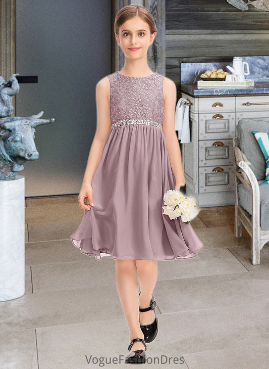 Jazlynn A-Line Scoop Neck Knee-Length Chiffon Lace Junior Bridesmaid Dress With Beading Bow(s) DKP0013344