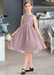 Jazlynn A-Line Scoop Neck Knee-Length Chiffon Lace Junior Bridesmaid Dress With Beading Bow(s) DKP0013344