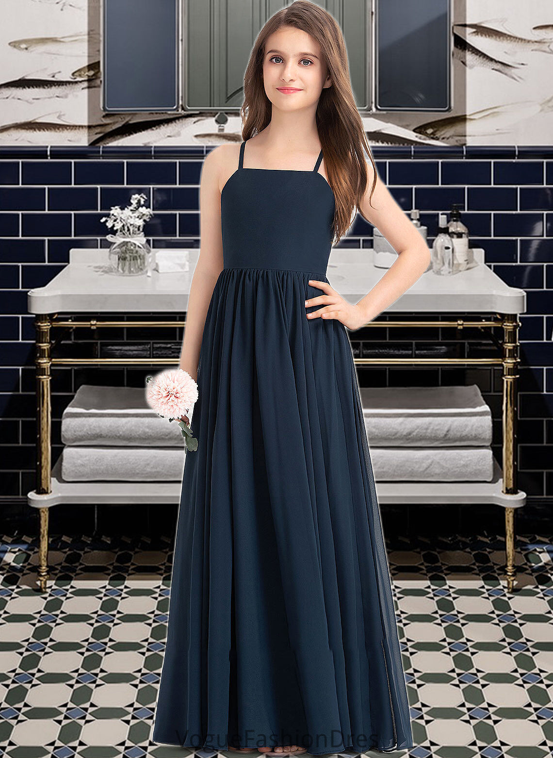 Kayley A-Line Square Neckline Floor-Length Chiffon Junior Bridesmaid Dress With Bow(s) DKP0013345