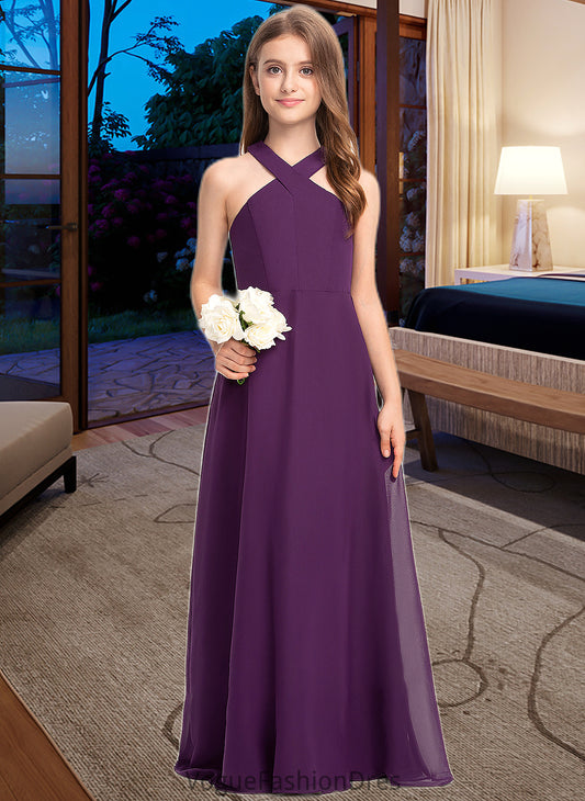 Madeline A-Line V-neck Floor-Length Chiffon Junior Bridesmaid Dress DKP0013346