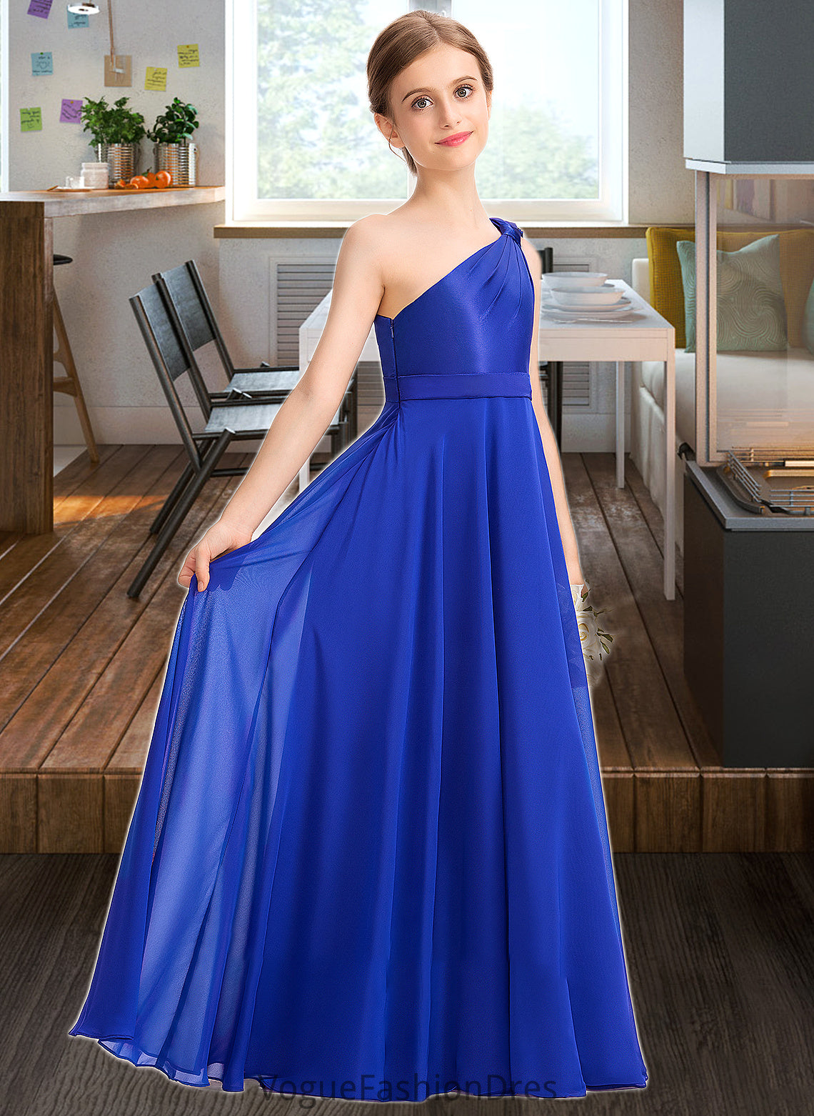 Janey A-Line One-Shoulder Floor-Length Chiffon Charmeuse Junior Bridesmaid Dress With Ruffle DKP0013347