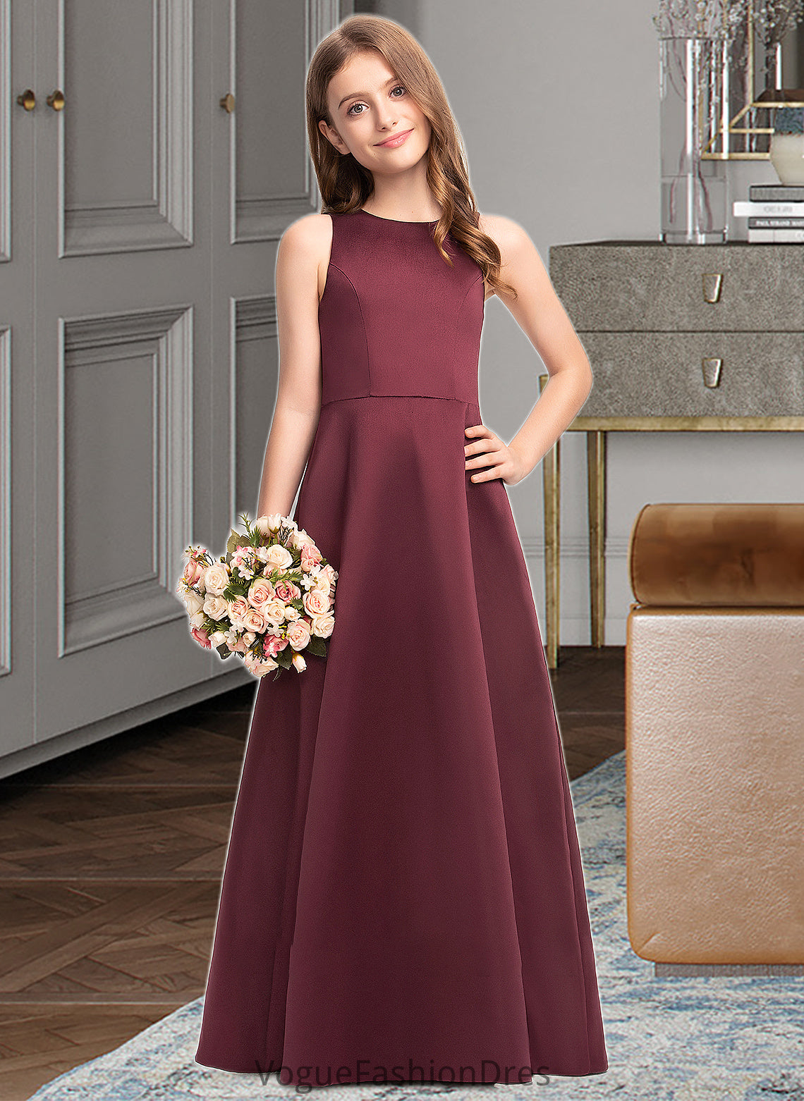 Noelle A-Line Scoop Neck Floor-Length Satin Junior Bridesmaid Dress DKP0013348