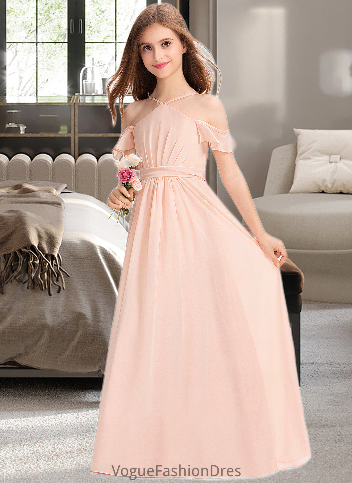 Paola A-Line V-neck Floor-Length Chiffon Junior Bridesmaid Dress With Ruffle Bow(s) DKP0013349