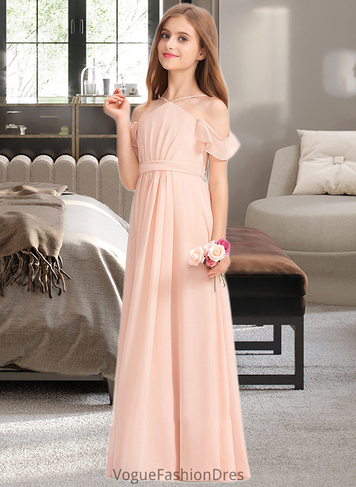 Paola A-Line V-neck Floor-Length Chiffon Junior Bridesmaid Dress With Ruffle Bow(s) DKP0013349