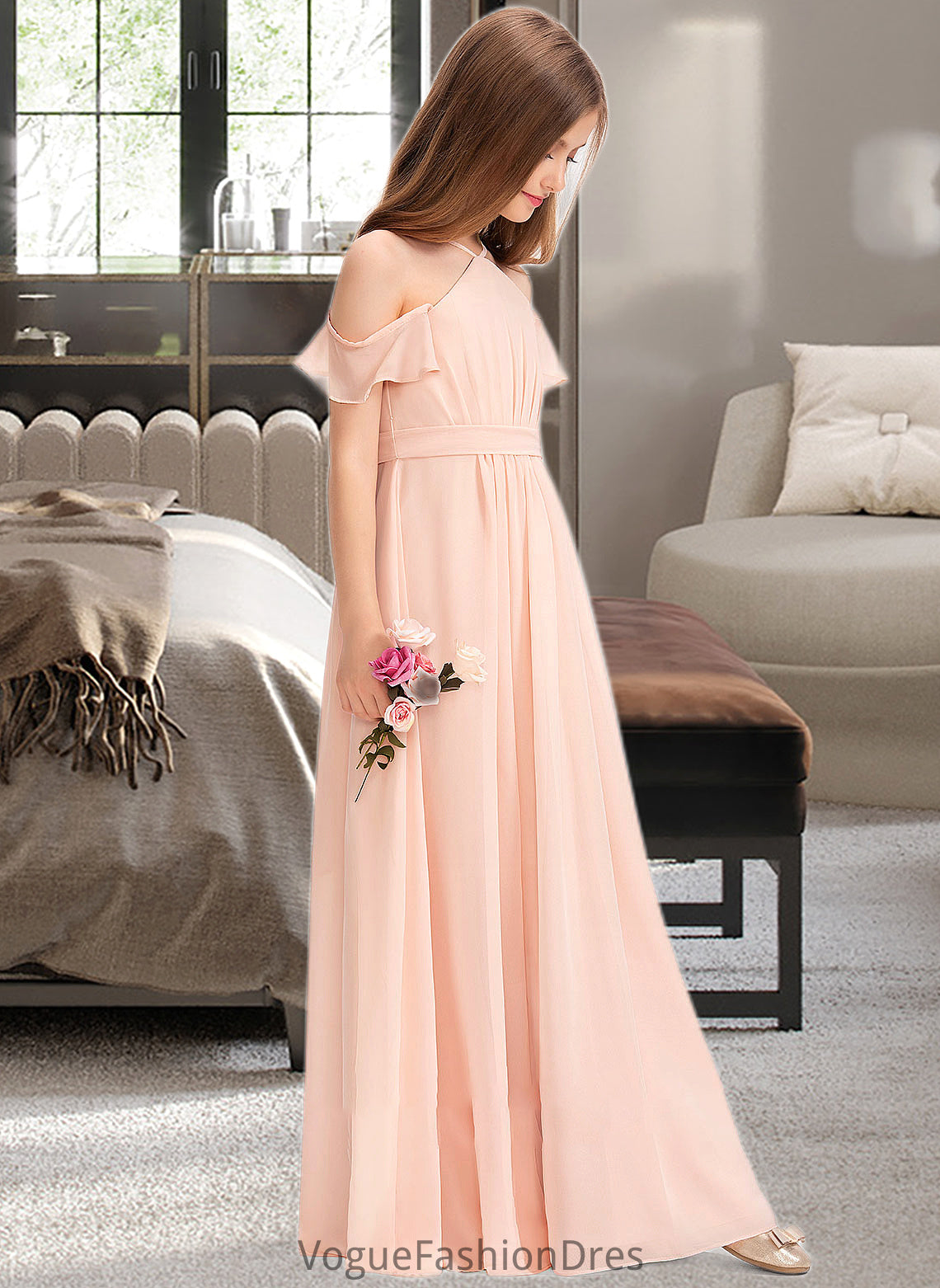 Paola A-Line V-neck Floor-Length Chiffon Junior Bridesmaid Dress With Ruffle Bow(s) DKP0013349