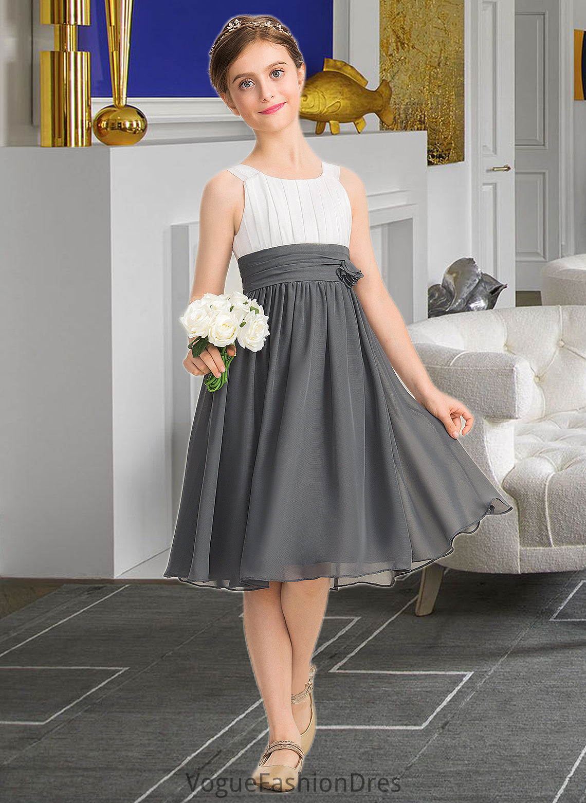 Harper A-Line Scoop Neck Knee-Length Chiffon Junior Bridesmaid Dress With Ruffle Flower(s) DKP0013350