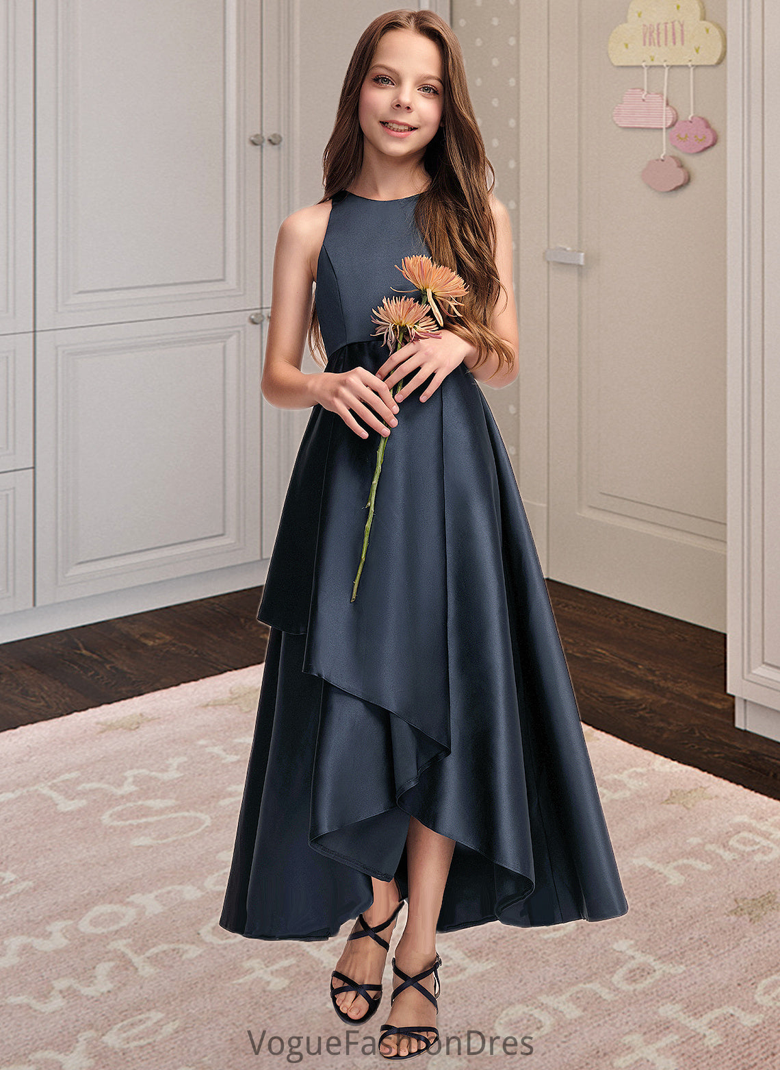 Lea A-Line Scoop Neck Asymmetrical Satin Junior Bridesmaid Dress With Cascading Ruffles DKP0013352