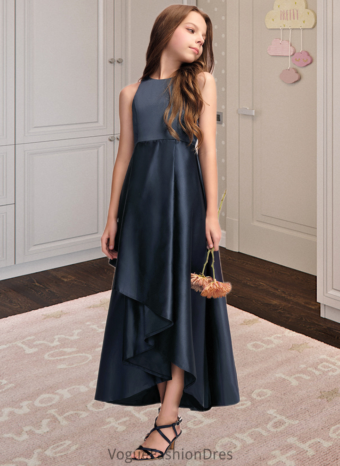 Lea A-Line Scoop Neck Asymmetrical Satin Junior Bridesmaid Dress With Cascading Ruffles DKP0013352