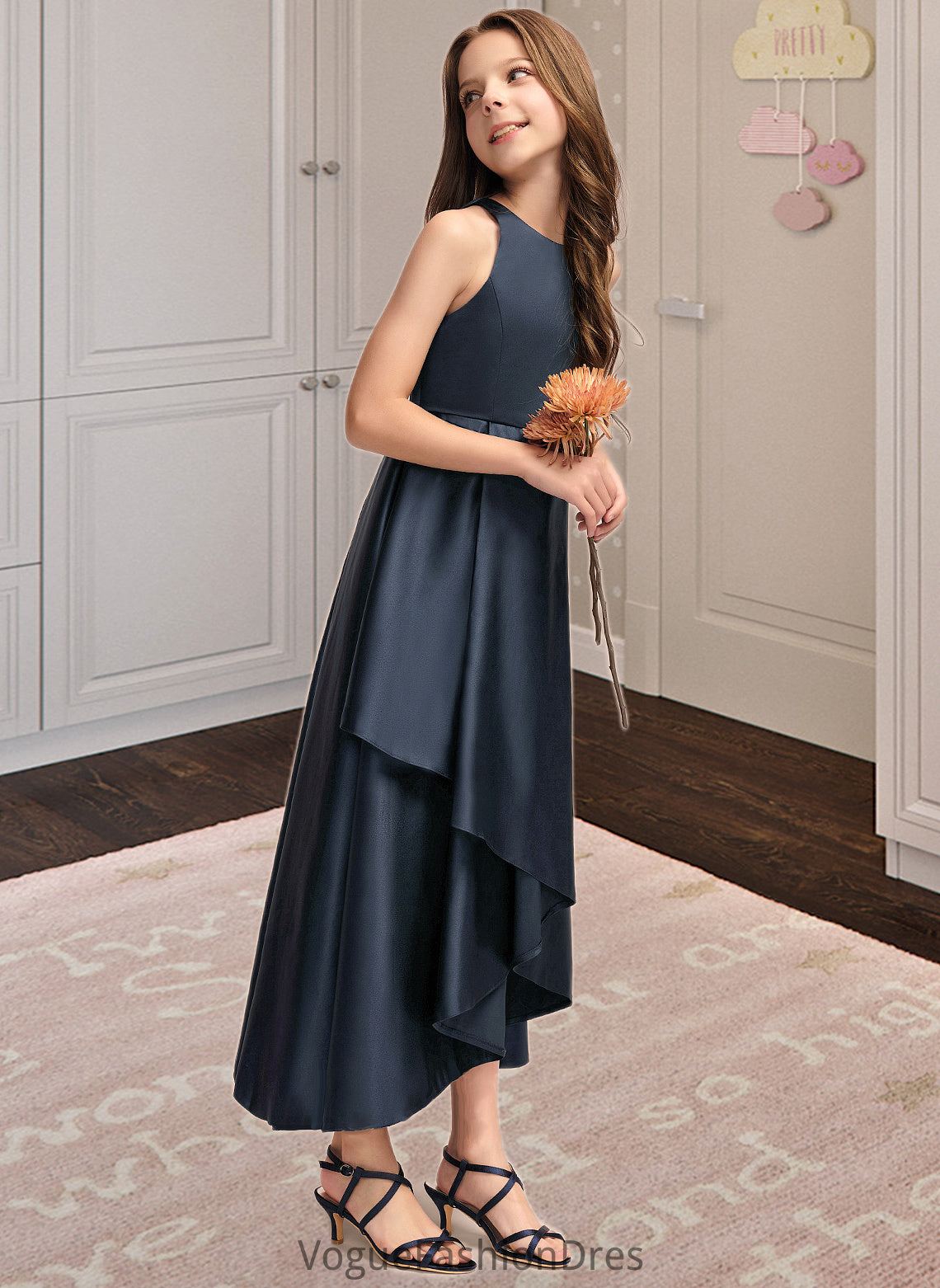 Lea A-Line Scoop Neck Asymmetrical Satin Junior Bridesmaid Dress With Cascading Ruffles DKP0013352