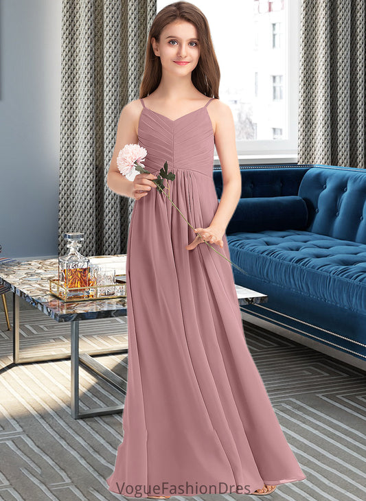 Melanie A-Line V-neck Floor-Length Chiffon Junior Bridesmaid Dress With Ruffle DKP0013354